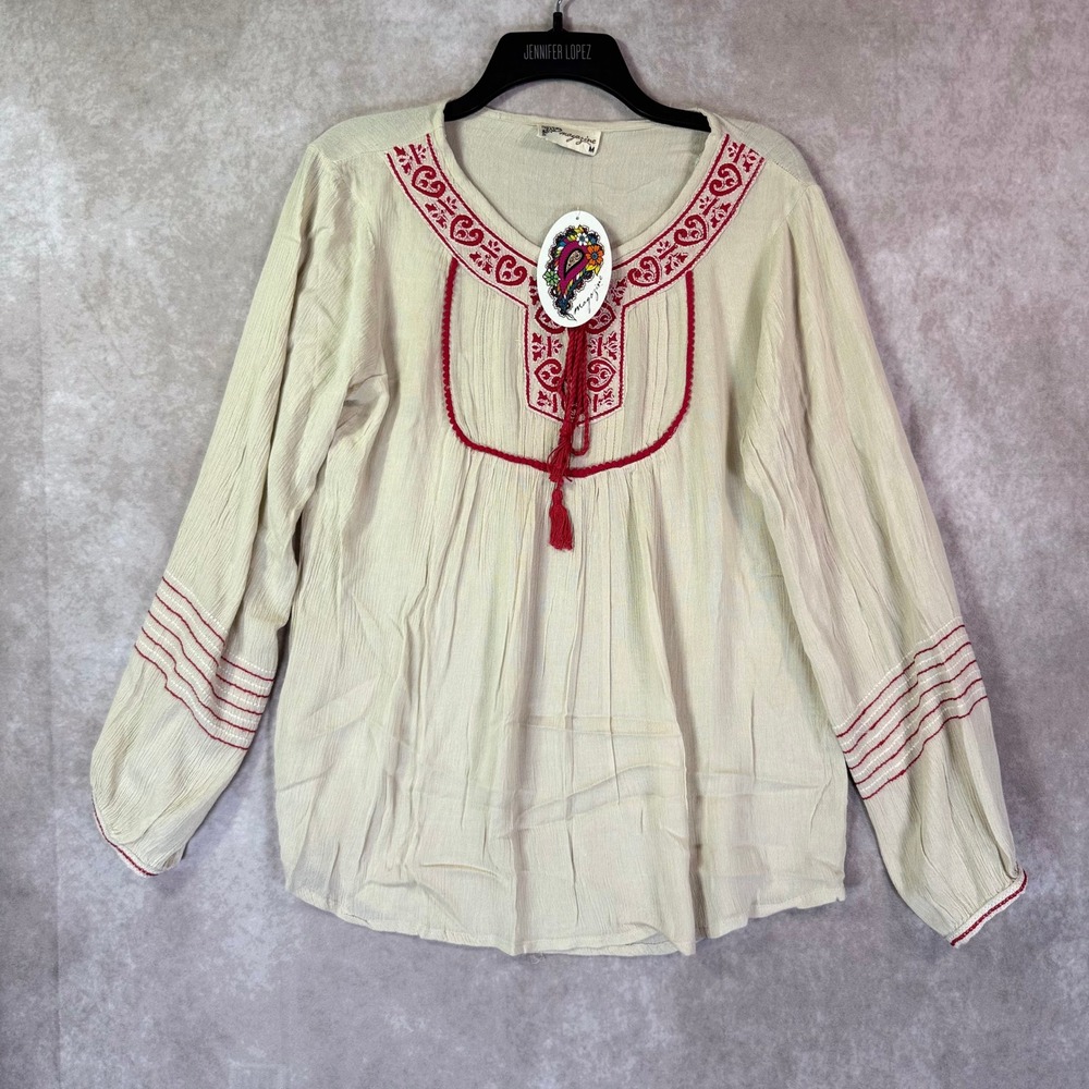 Magazine Peasant Top Women Medium Taupe Red Embroidered Boho Cotton Gauze Hippie
